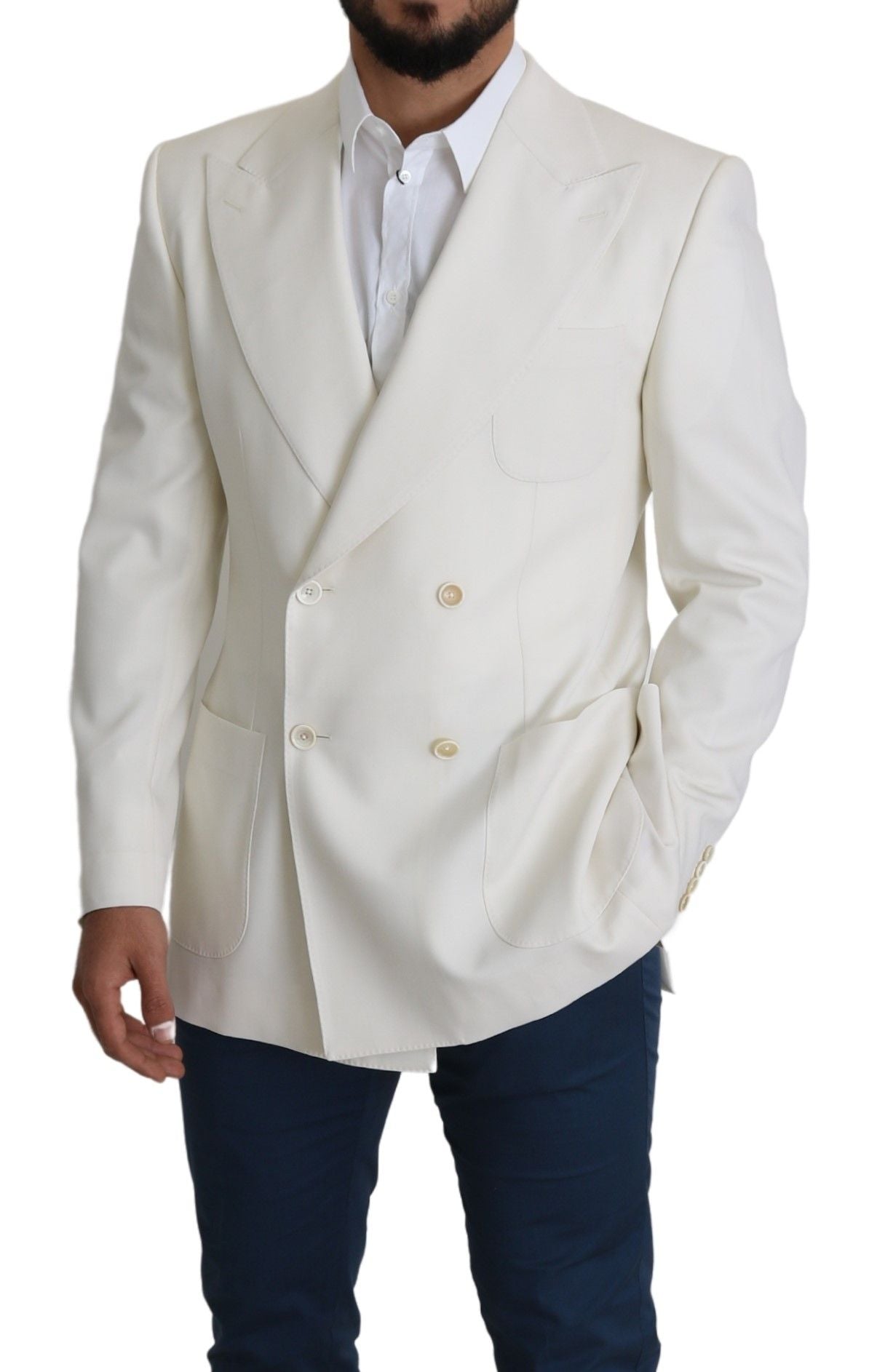 Elegant White Double-Breasted Wool Blazer