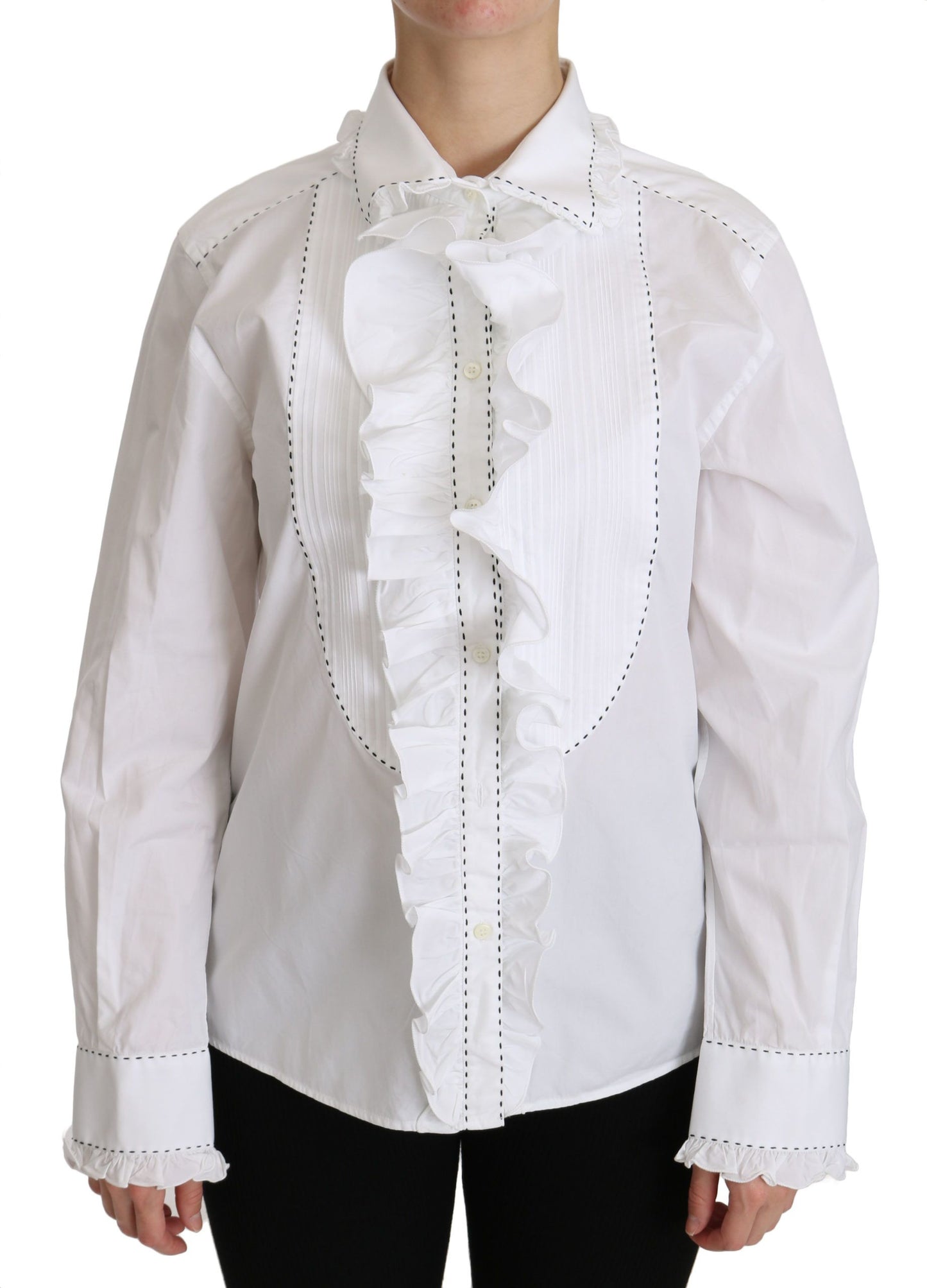 Elegant White Cotton Long Sleeve Ruffle Top