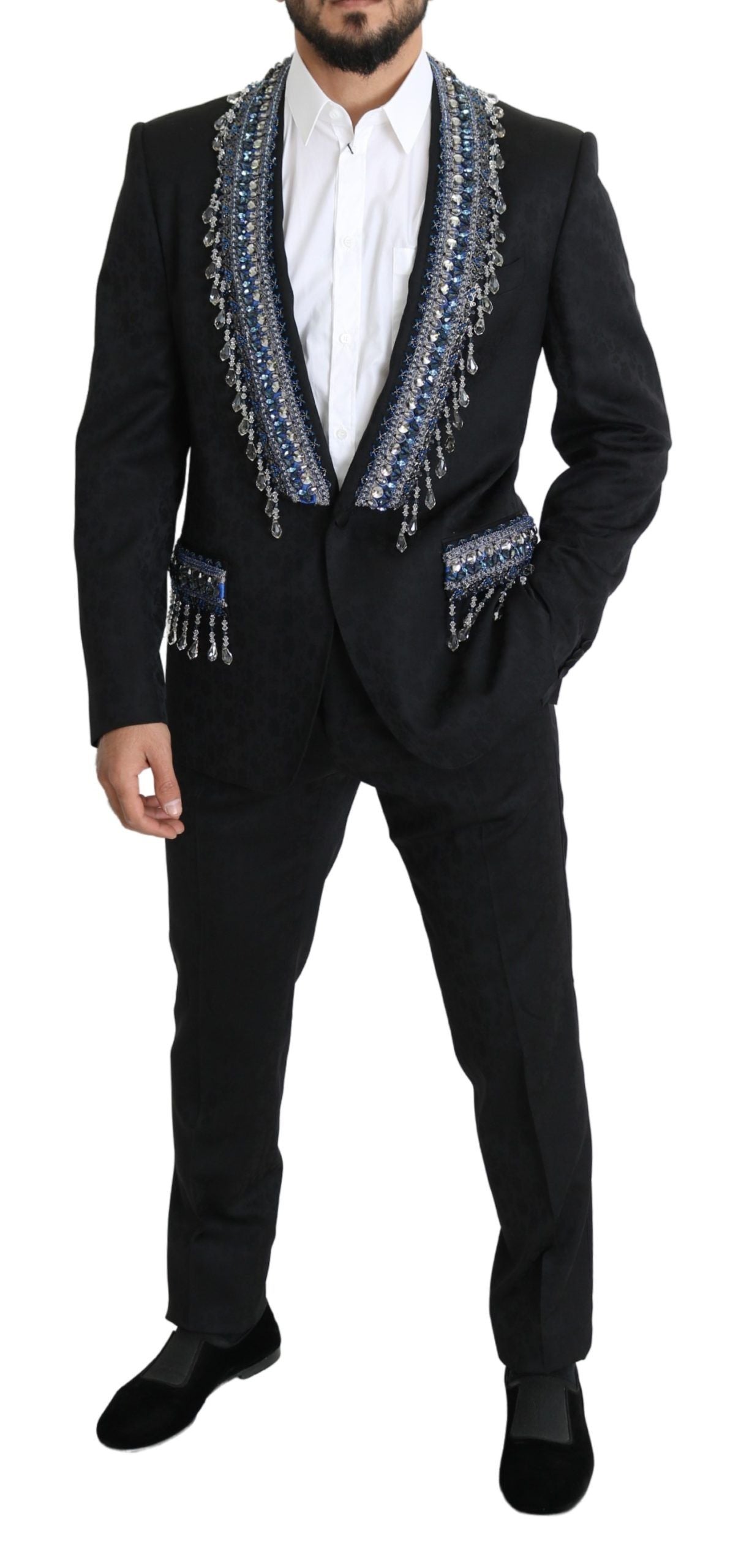 Elegant Black Brocade Two-Piece Wool Suit