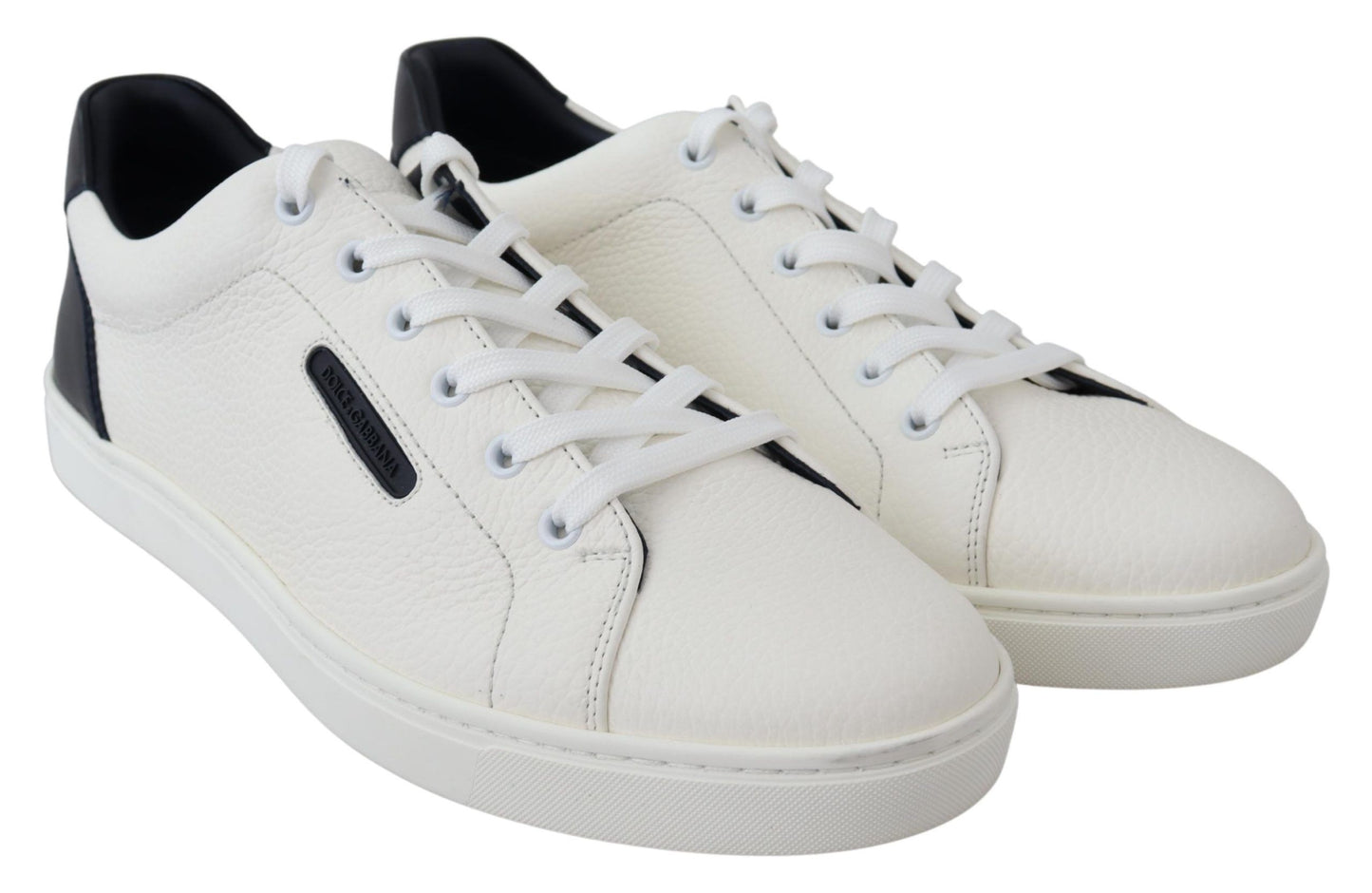 Elegant White & Blue Leather Low-Top Sneakers