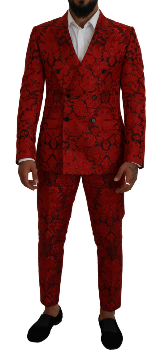 Italian Designer Slim Fit Red Jacquard Suit