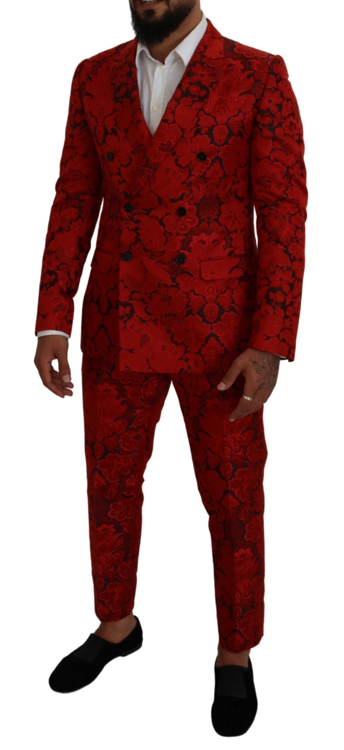 Italian Designer Slim Fit Red Jacquard Suit