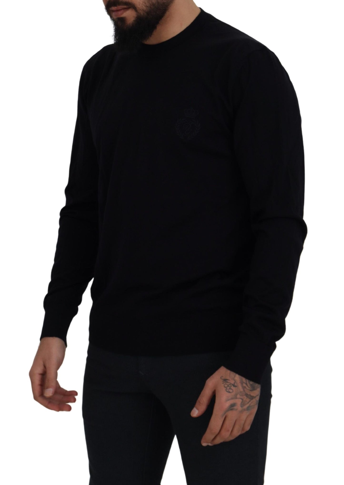 Black Virgin Wool Crewneck Pullover  Sweater