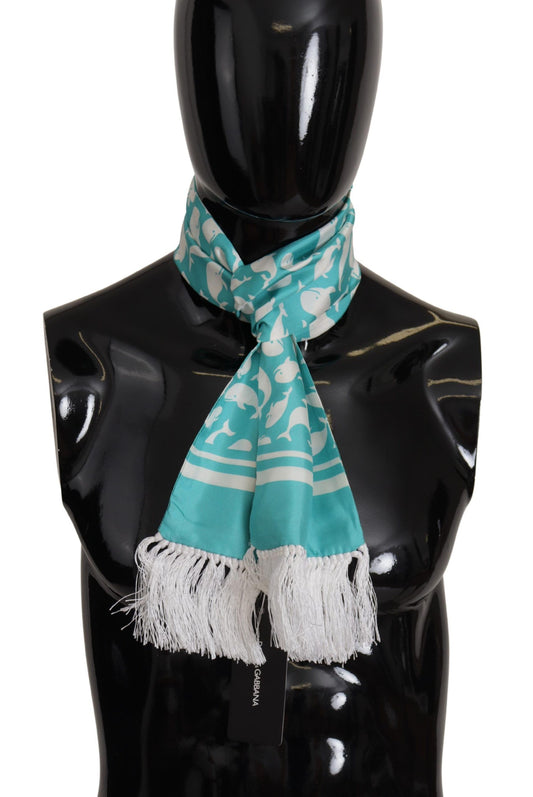 Blue Whale Printed Shawl Wrap Fringe Silk Teal Scarf