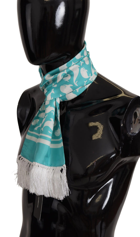 Blue Whale Printed Shawl Wrap Fringe Silk Teal Scarf