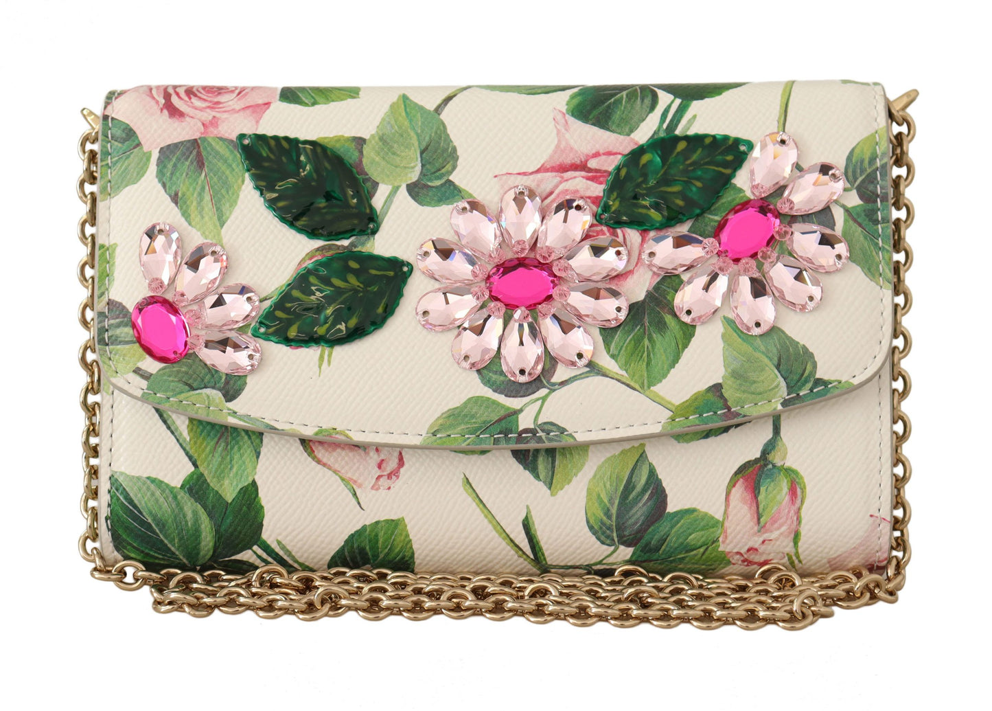 Crystal-Embellished Floral Leather Clutch