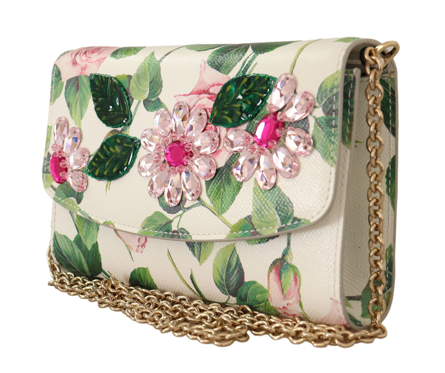 Crystal-Embellished Floral Leather Clutch