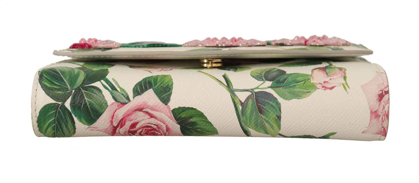 Crystal-Embellished Floral Leather Clutch