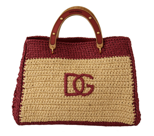 Chic Beige Raffia Tote with Maroon Accents