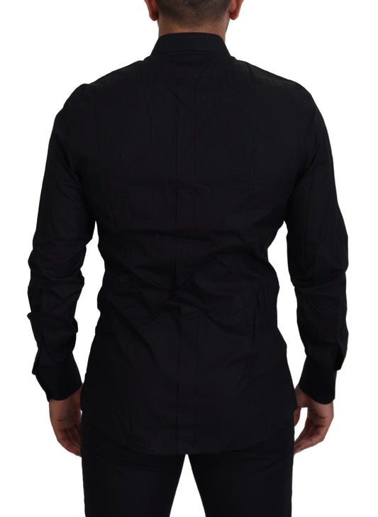 Elegant Black Slim Fit Dress Shirt with Crown Embroidery