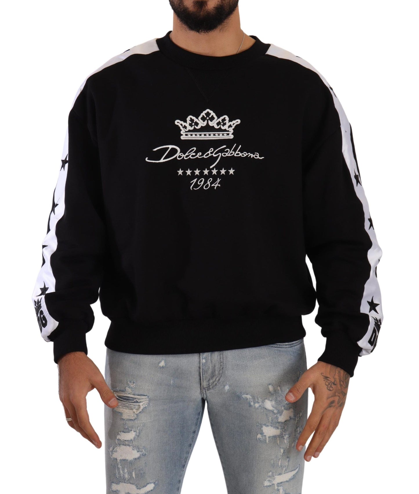 Black Cotton Crewneck Crown 1984 Stars Pullover Black