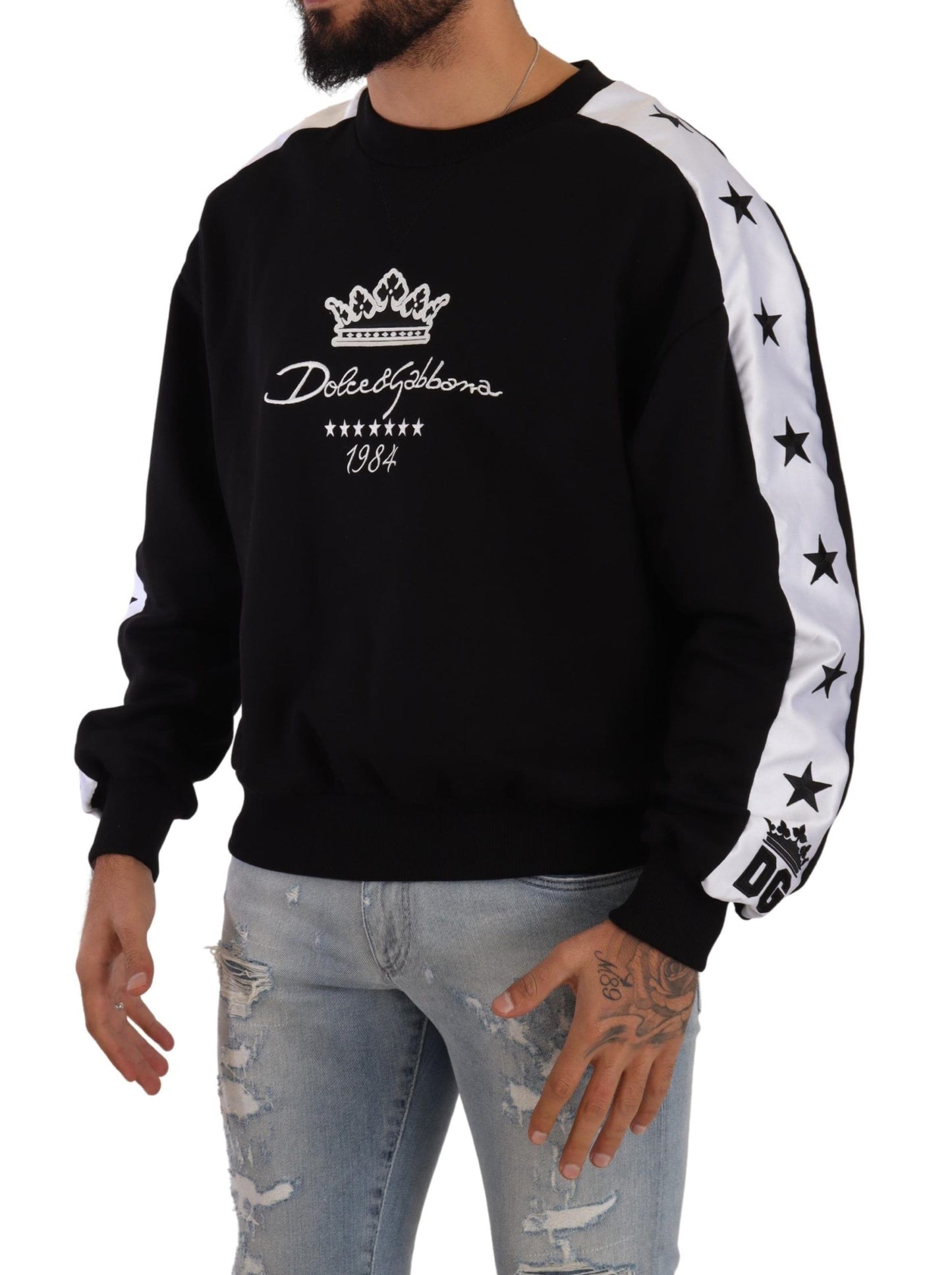 Black Cotton Crewneck Crown 1984 Stars Pullover Black