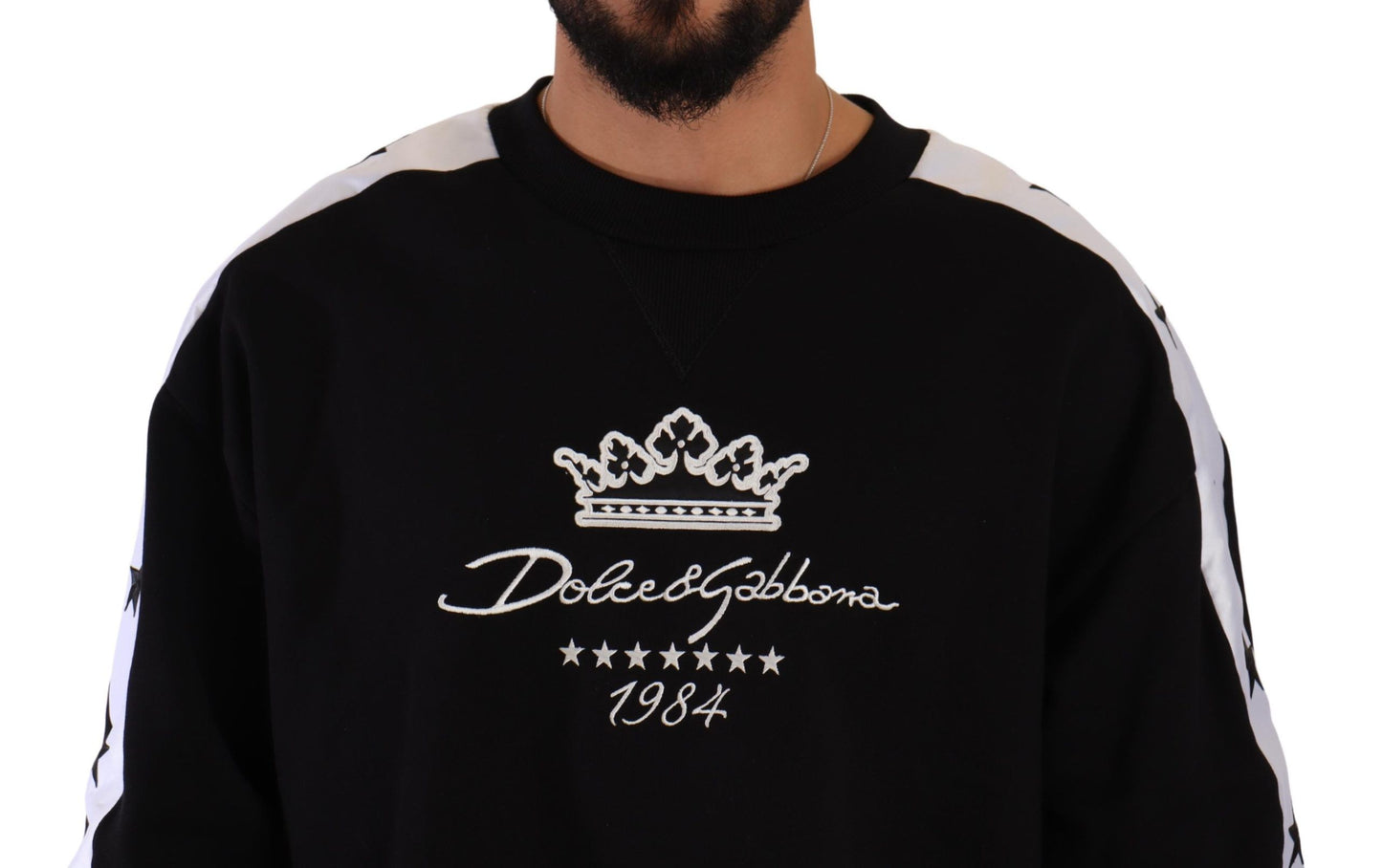 Black Cotton Crewneck Crown 1984 Stars Pullover Black