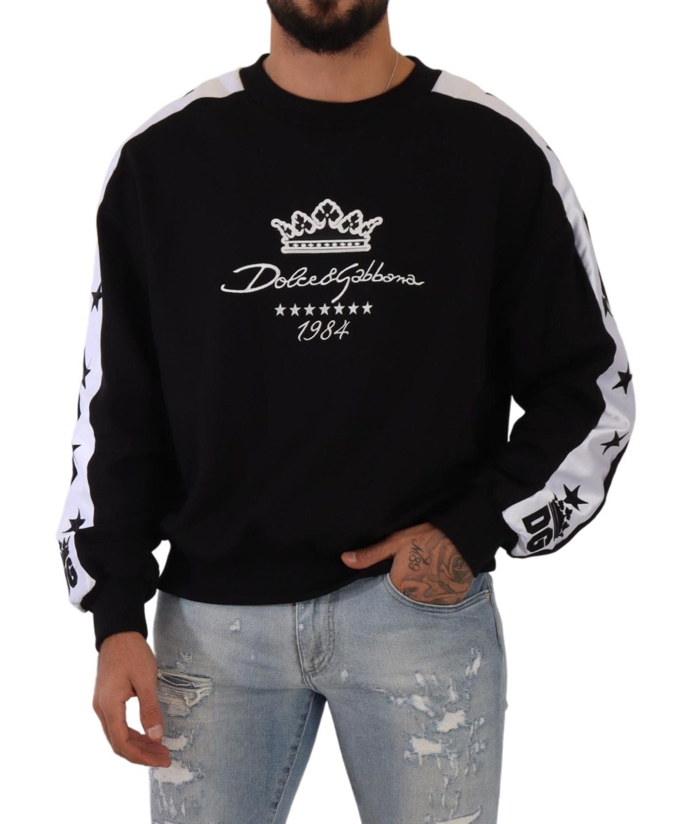 Black Cotton Crewneck Crown 1984 Stars Pullover Black