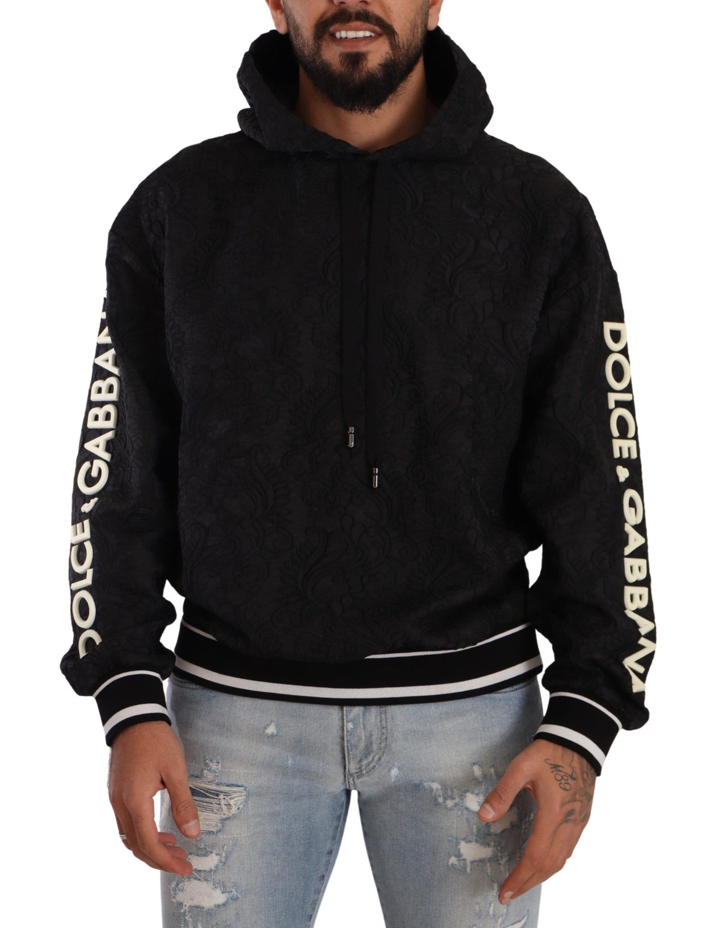 Black Logo Brocade Hooded Pullover Top Sweater