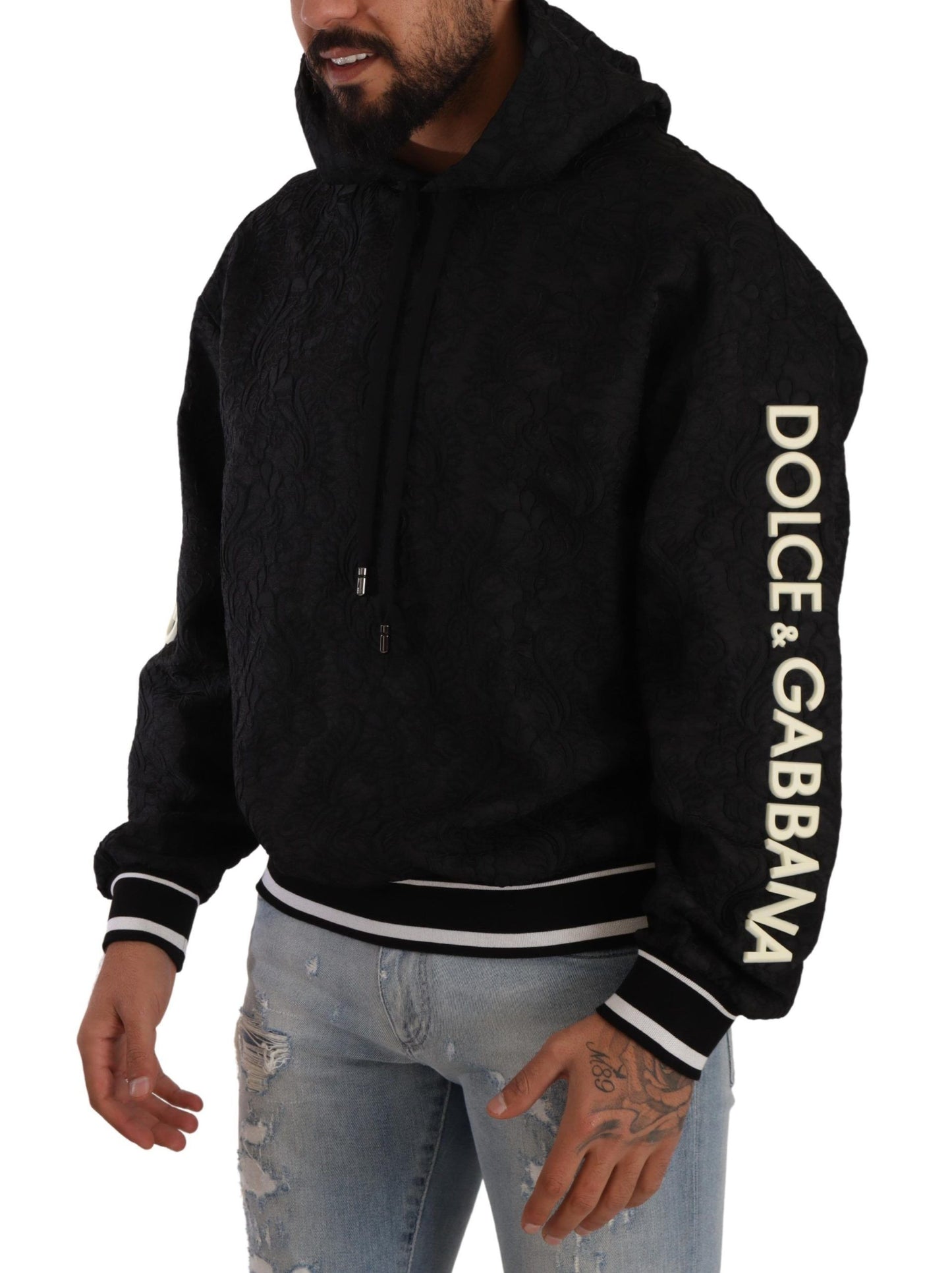 Black Logo Brocade Hooded Pullover Top Sweater