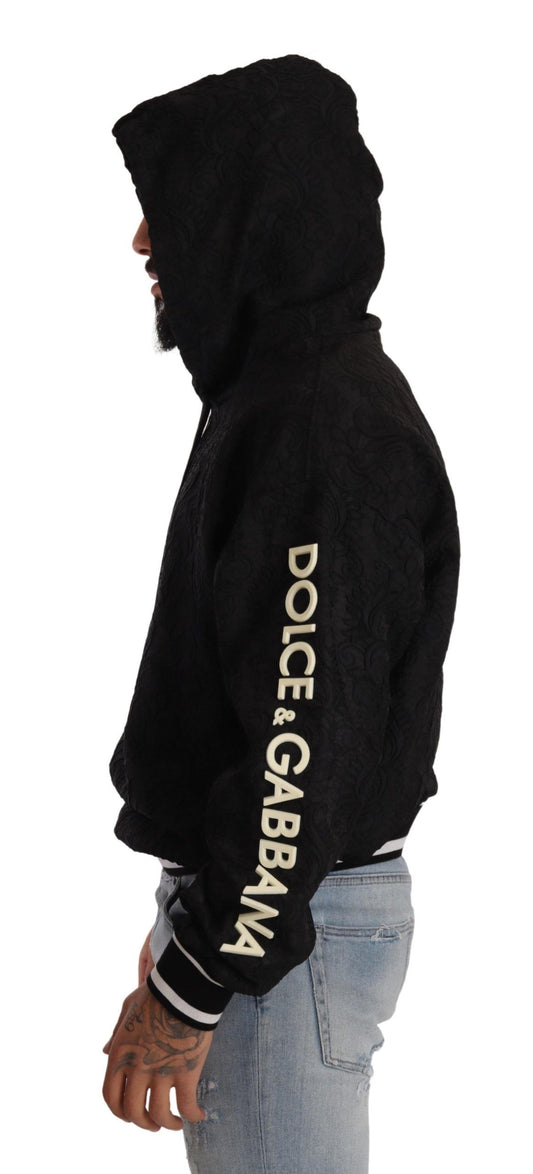 Black Logo Brocade Hooded Pullover Top Sweater