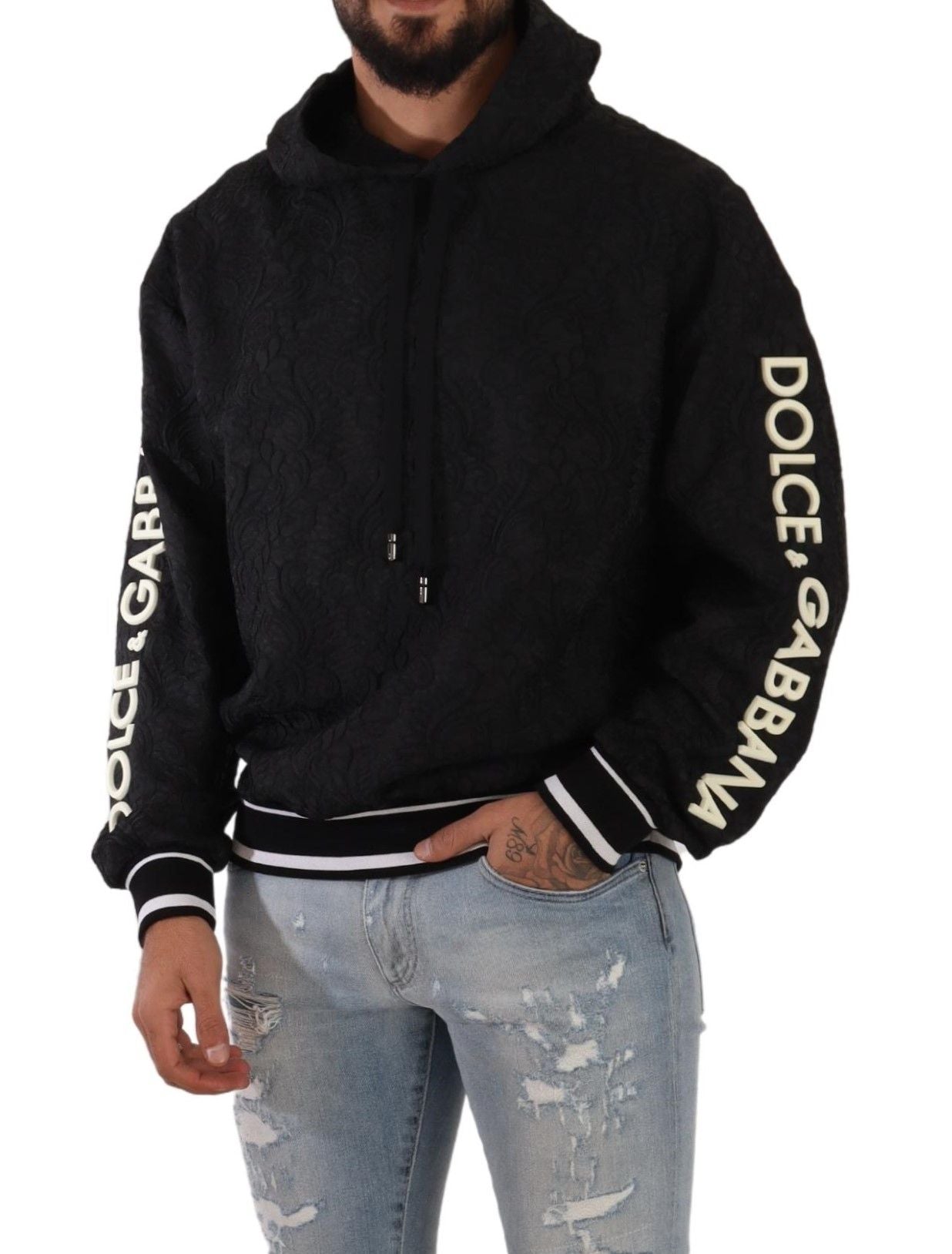 Black Logo Brocade Hooded Pullover Top Sweater