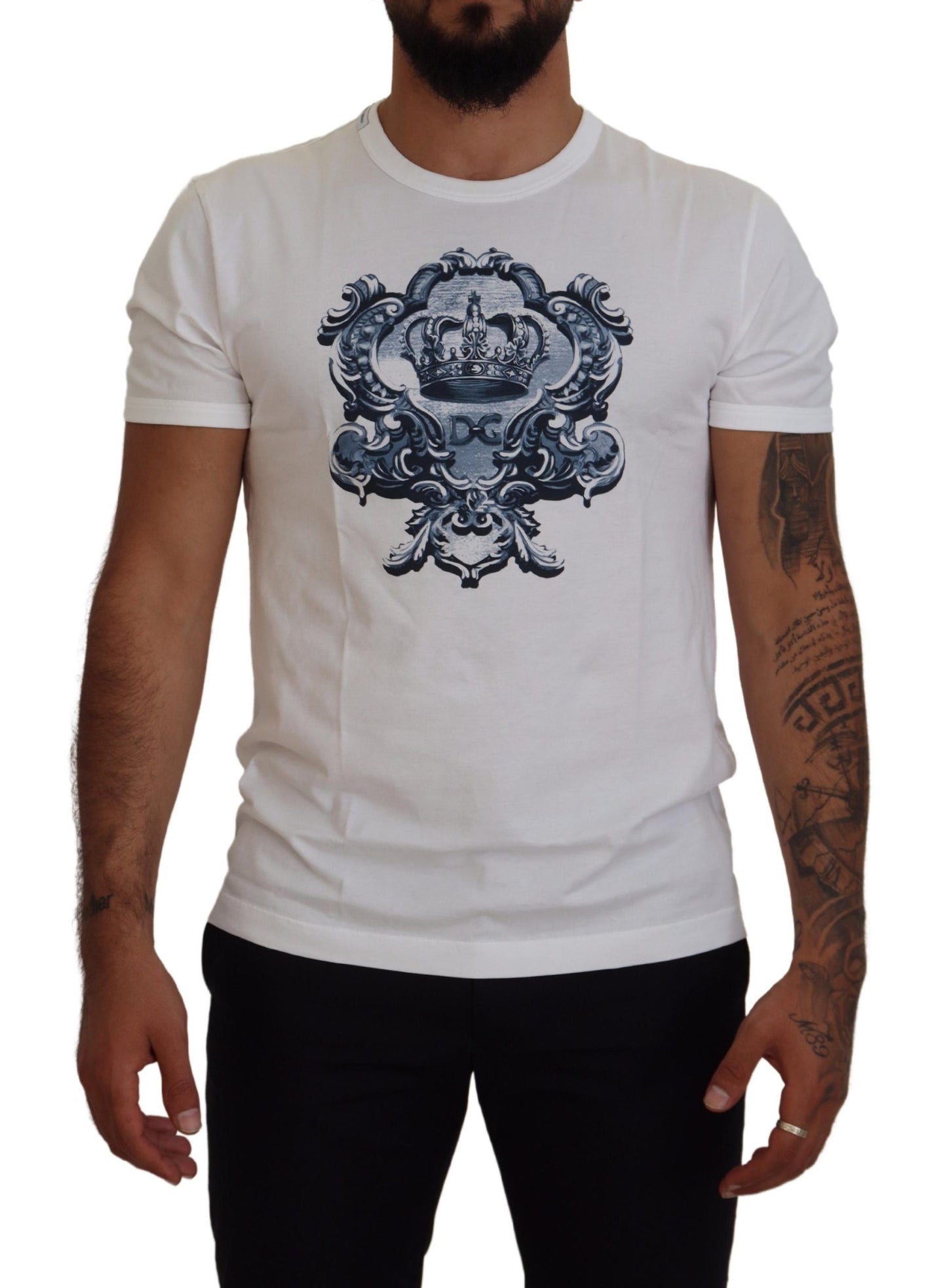 Elegant White Cotton Crown Print T-Shirt