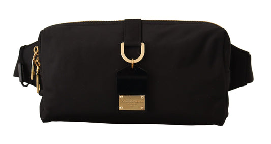 Elegant Black Belt Bag with Gold-Tone Appliqué