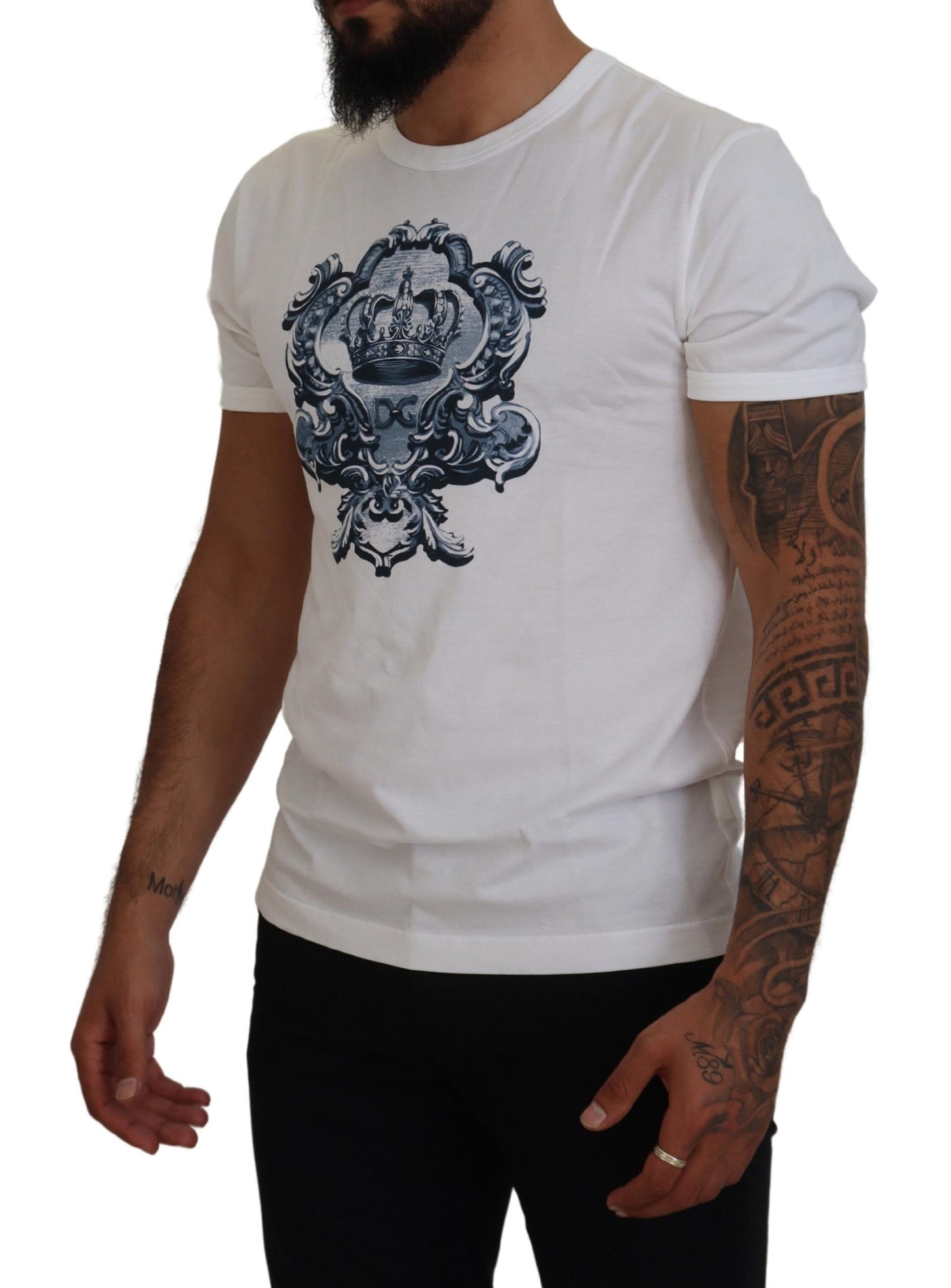 Elegant White Cotton Crown Print T-Shirt