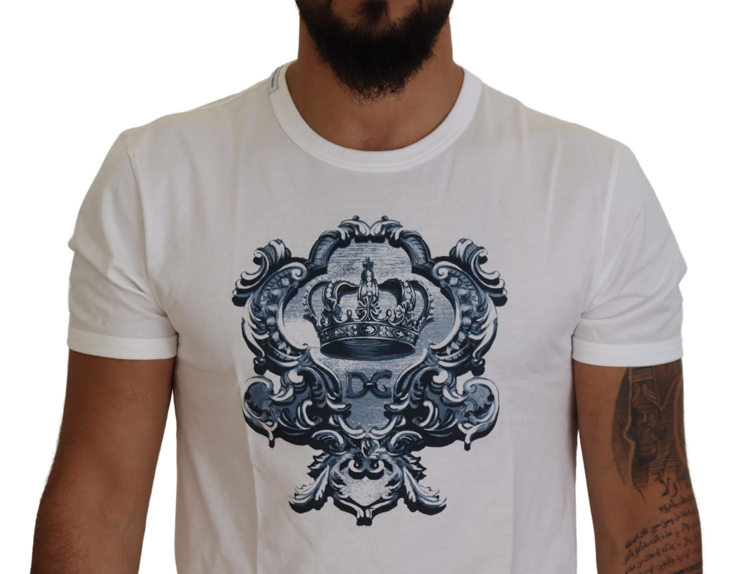 Elegant White Cotton Crown Print T-Shirt