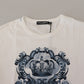Elegant White Cotton Crown Print T-Shirt