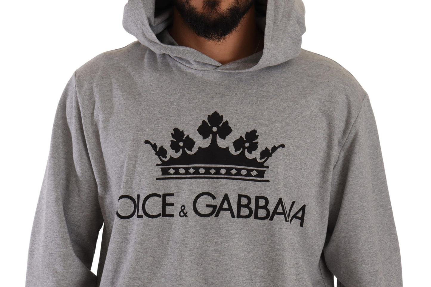 Elegant Gray Crown-Print Hooded Sweater