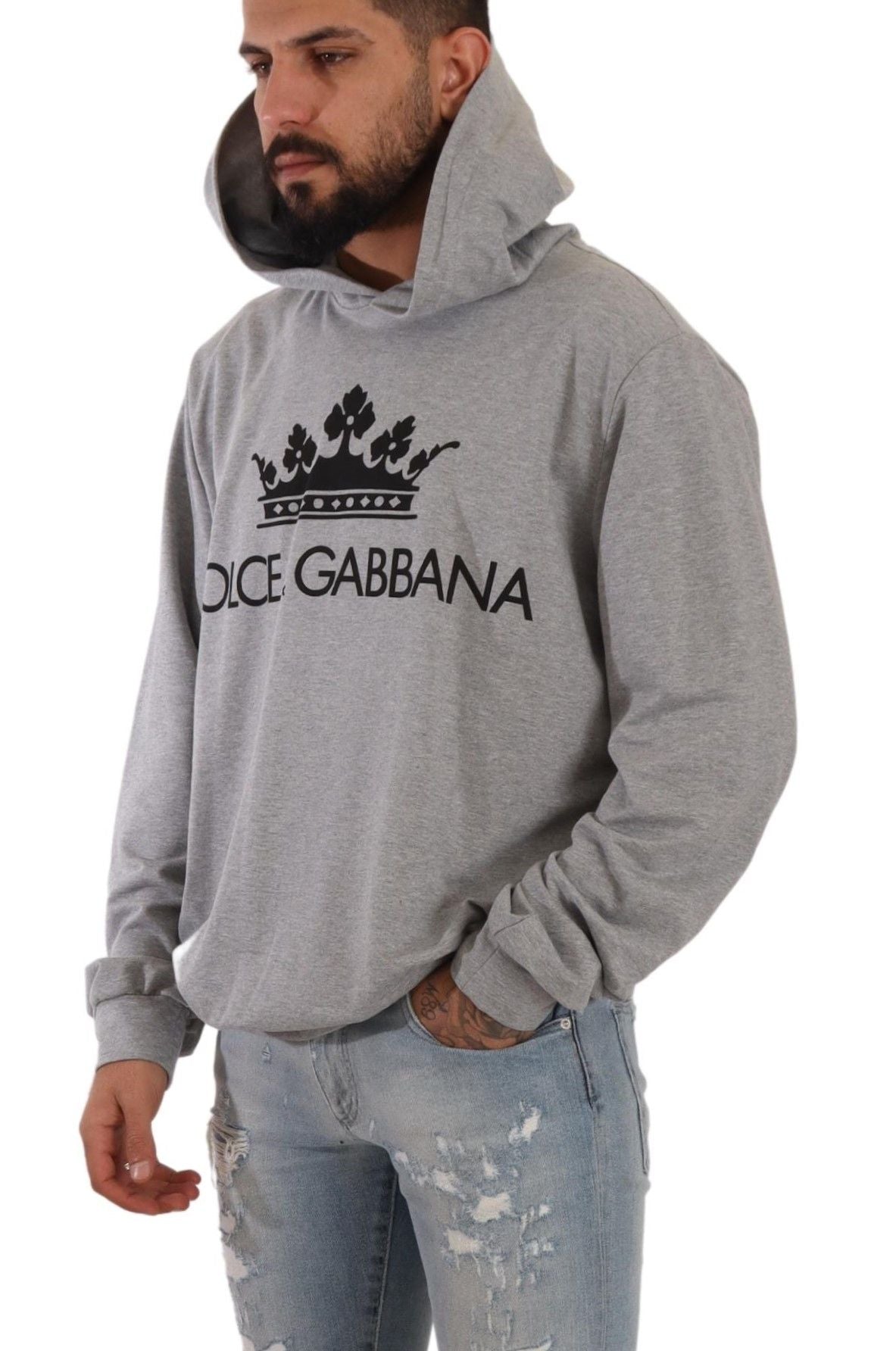 Elegant Gray Crown-Print Hooded Sweater