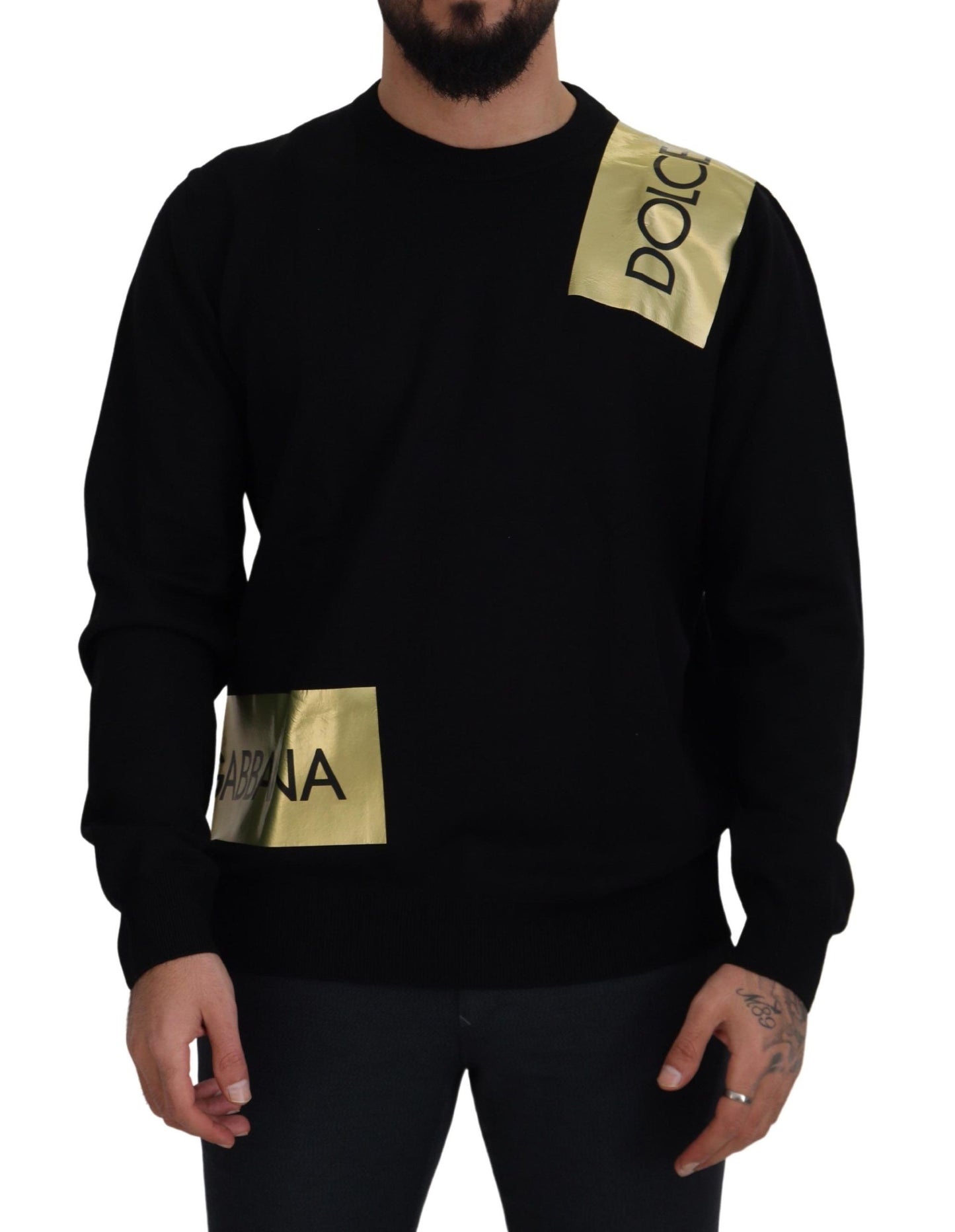 Black Wool Gold Logo Crewneck Pullover Sweater