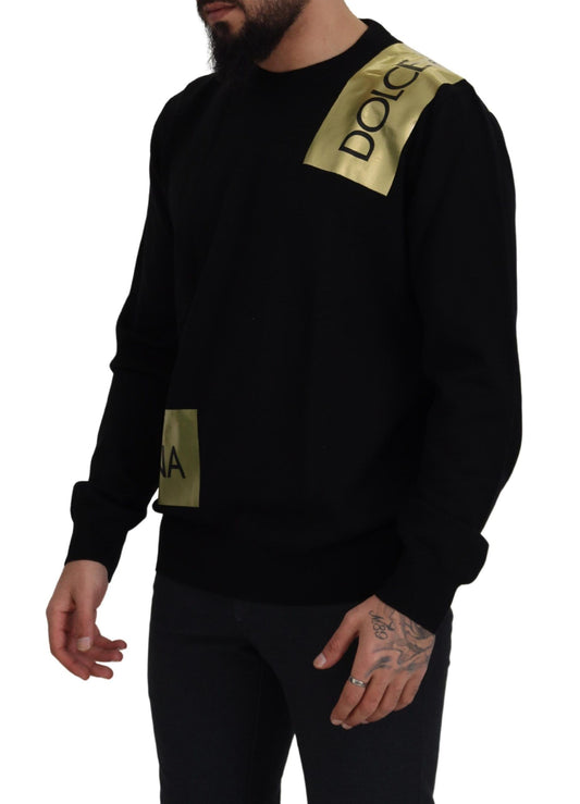 Black Wool Gold Logo Crewneck Pullover Sweater