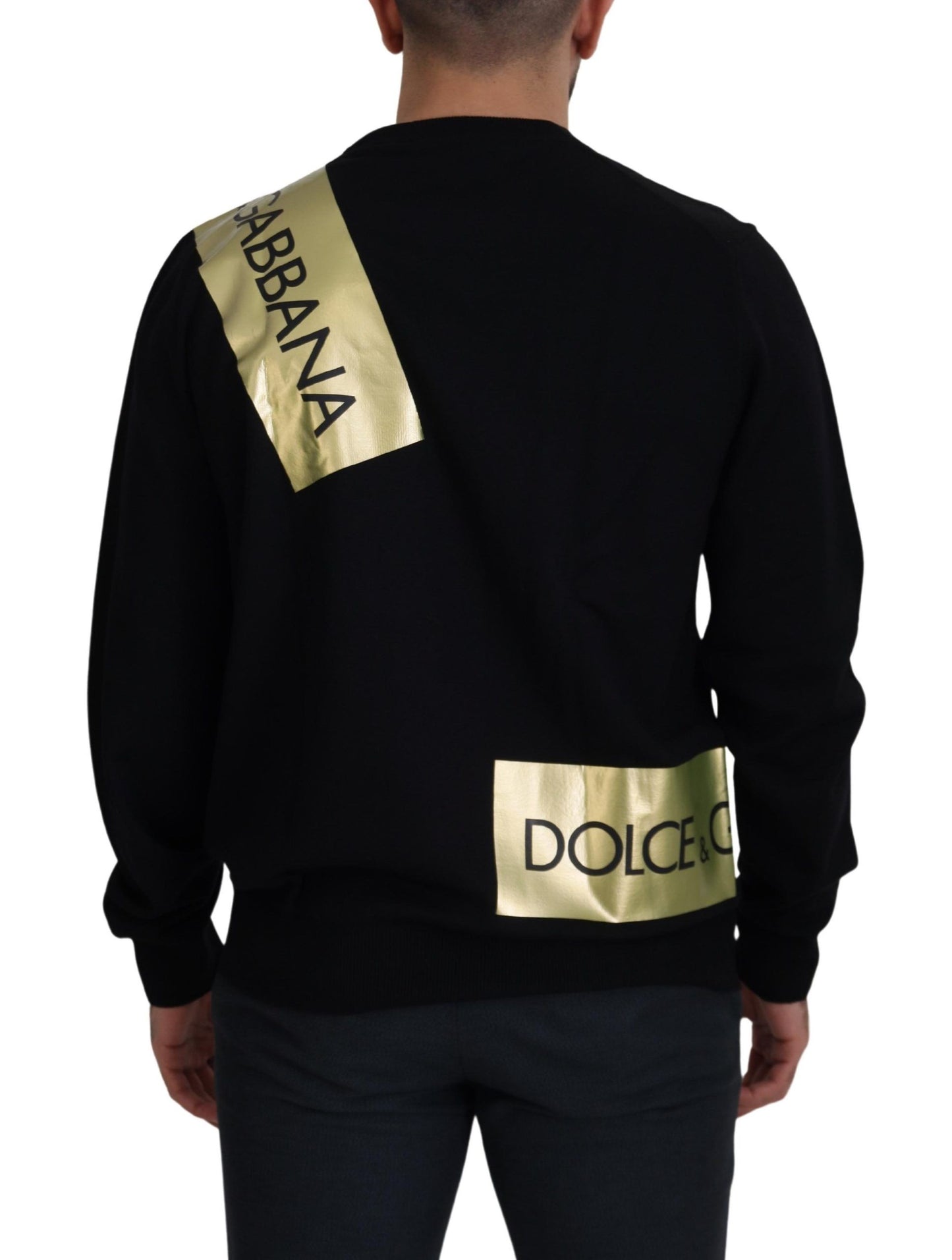 Black Wool Gold Logo Crewneck Pullover Sweater