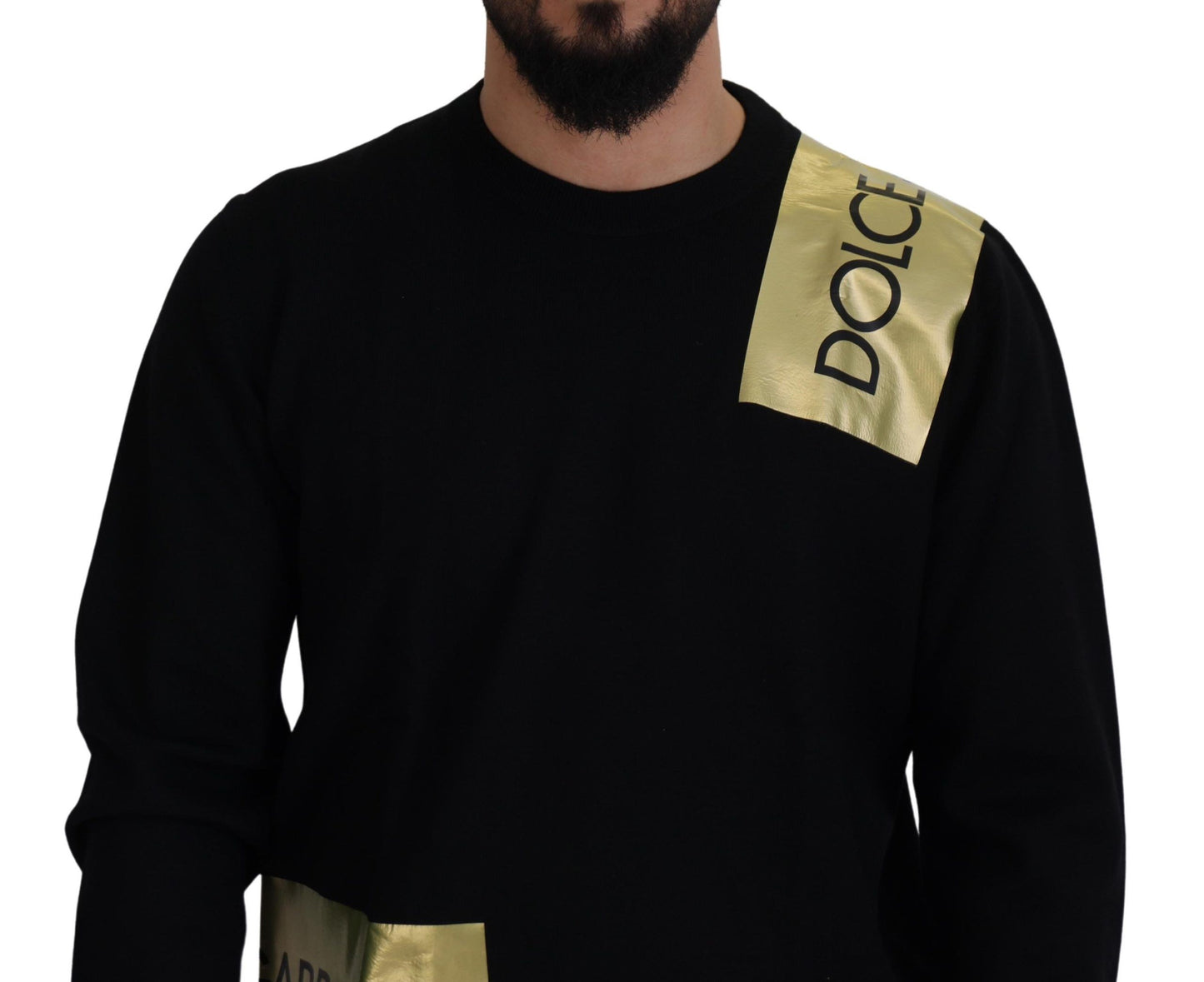 Black Wool Gold Logo Crewneck Pullover Sweater