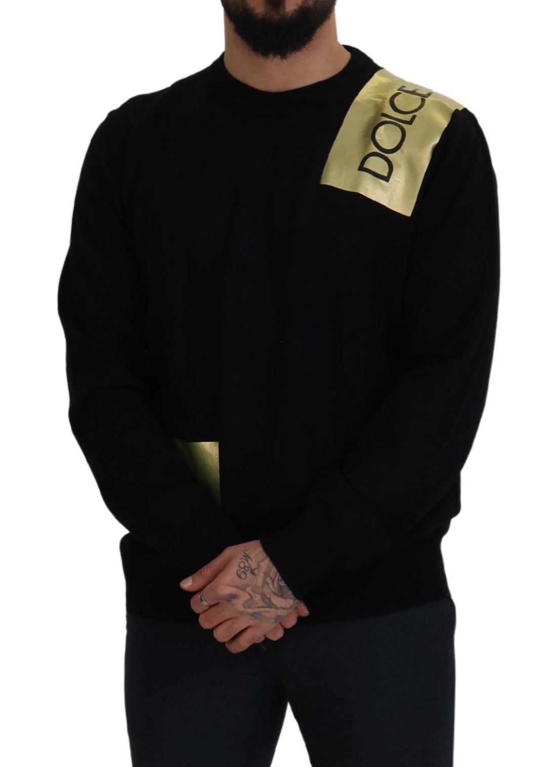 Black Wool Gold Logo Crewneck Pullover Sweater