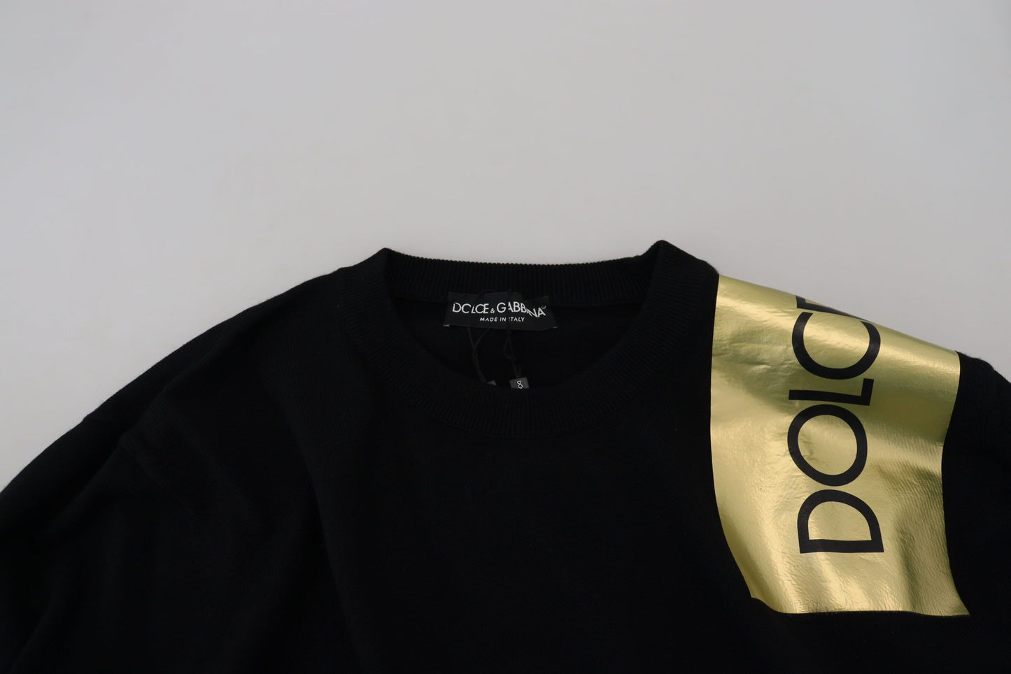 Black Wool Gold Logo Crewneck Pullover Sweater