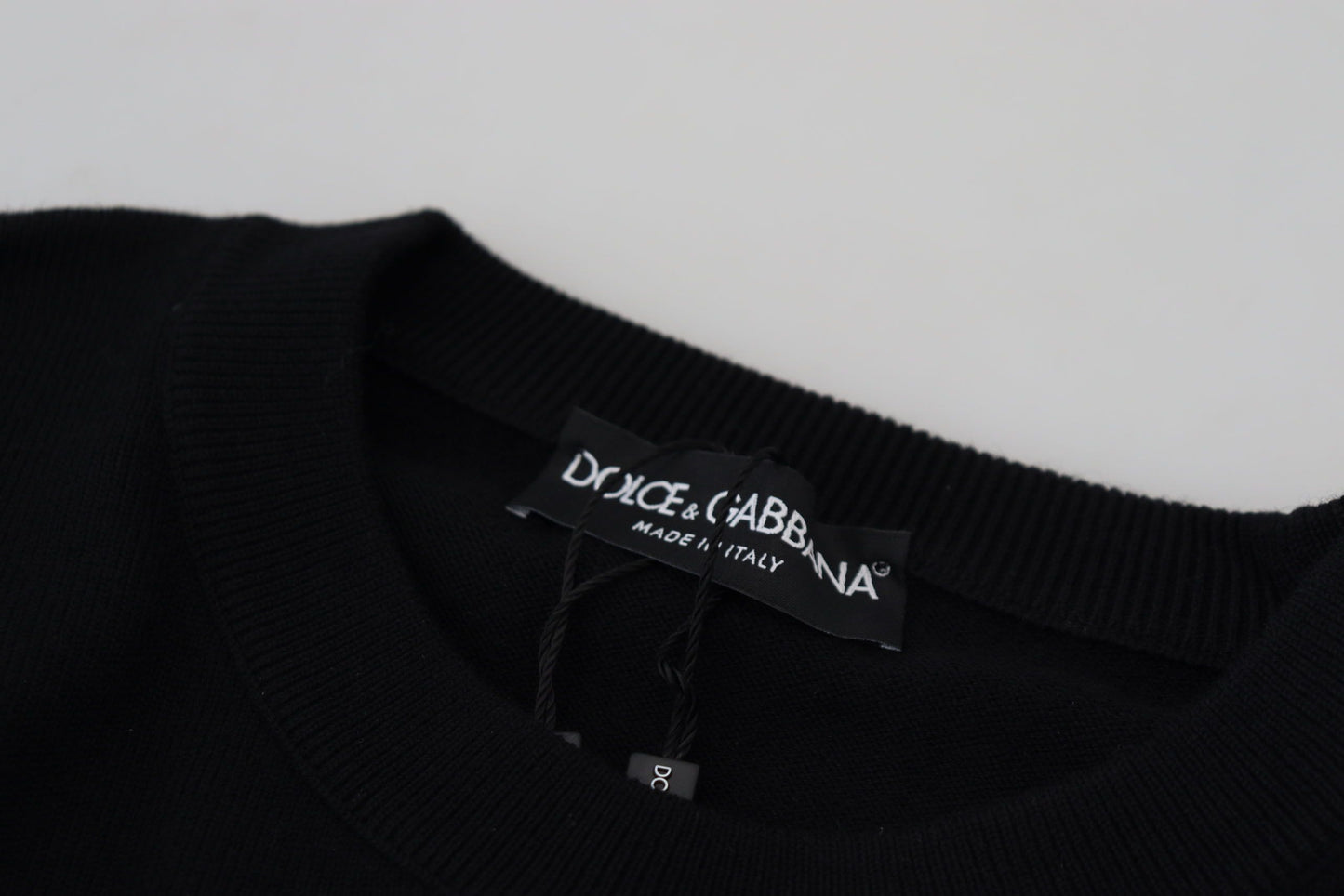 Black Wool Gold Logo Crewneck Pullover Sweater