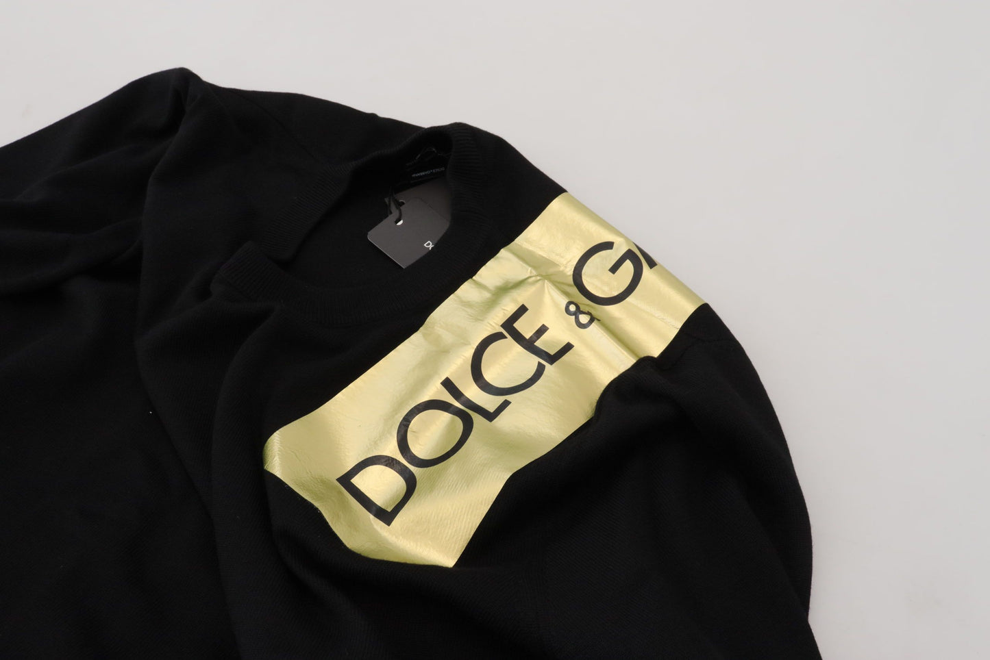 Black Wool Gold Logo Crewneck Pullover Sweater