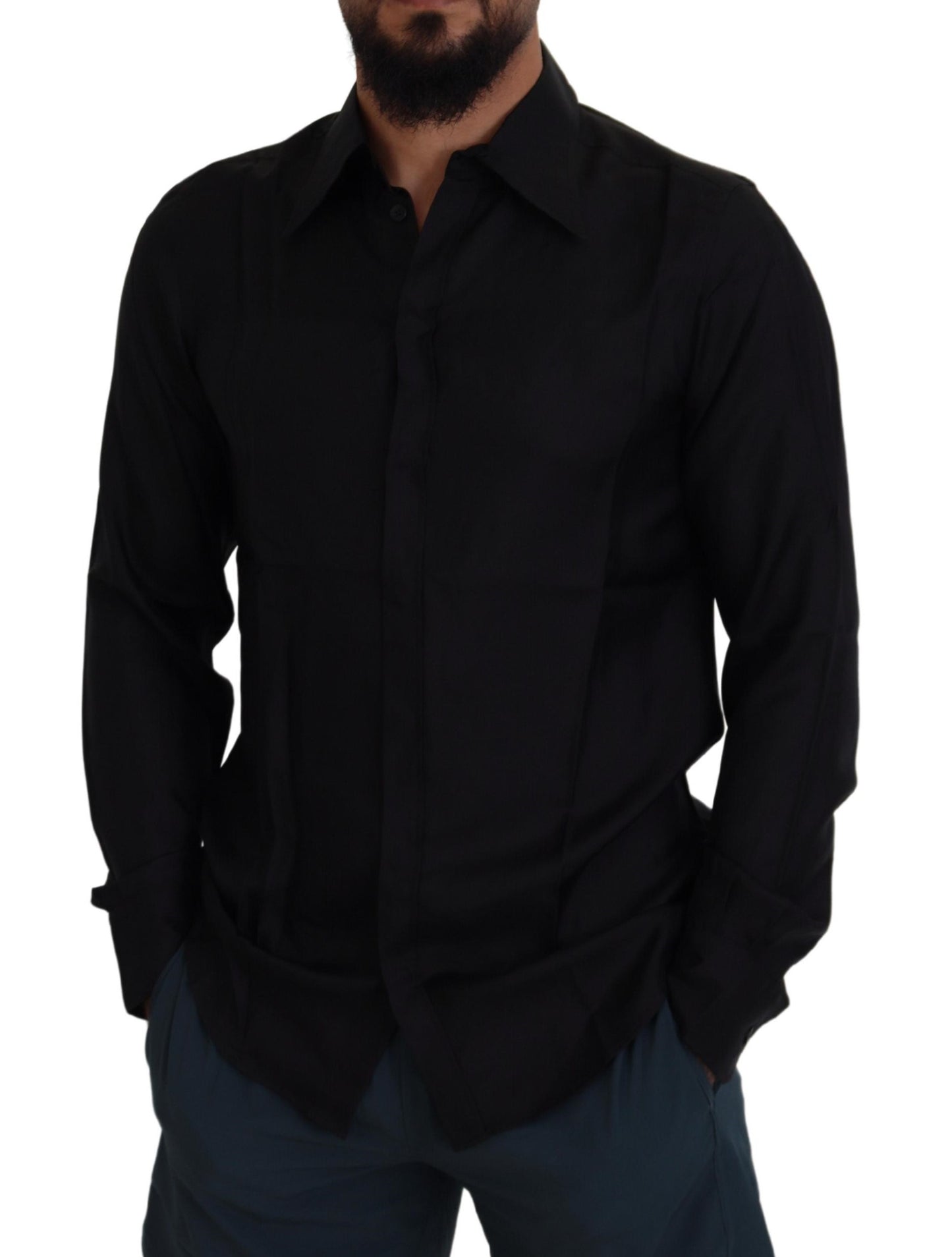 Sleek Silk Black Dress Shirt Slim Fit