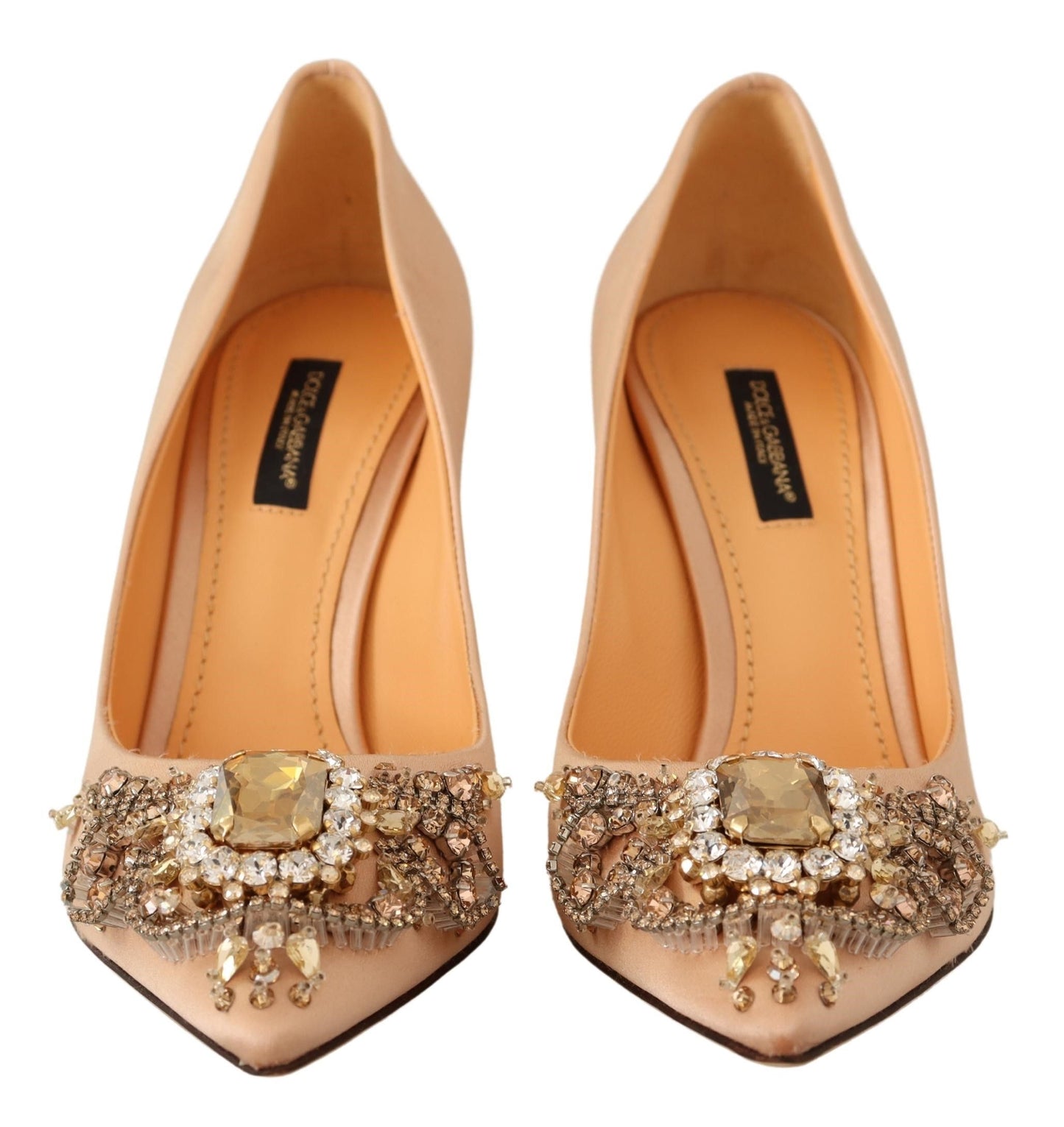 Elegant Nude Satin Crystal-Embellished Pumps