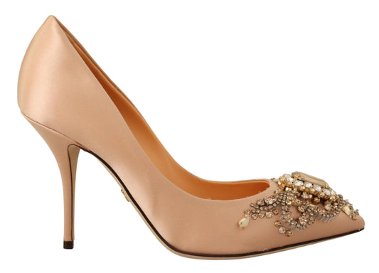 Elegant Nude Satin Crystal-Embellished Pumps