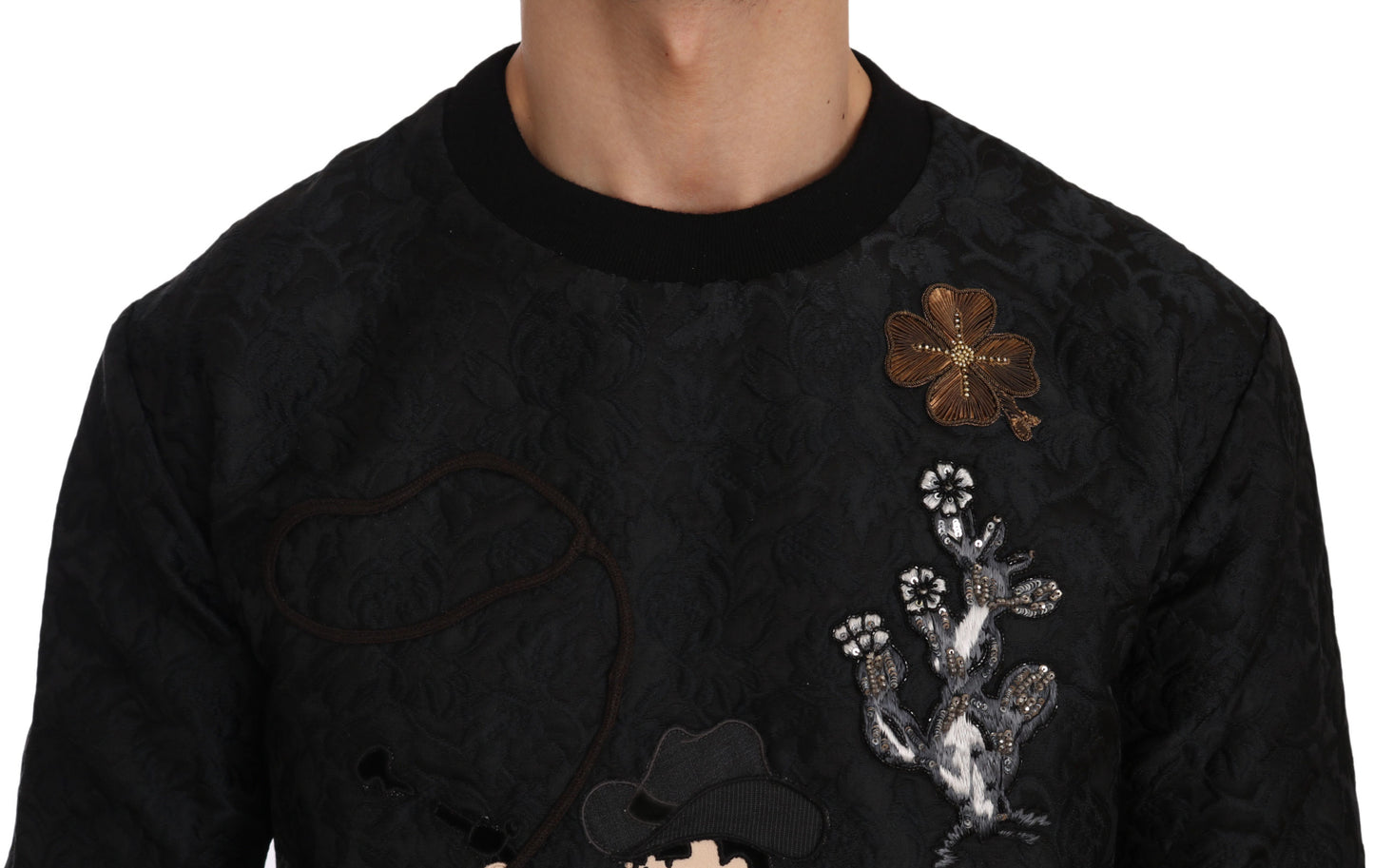 Elegant Embroidered Black Brocade Sweater