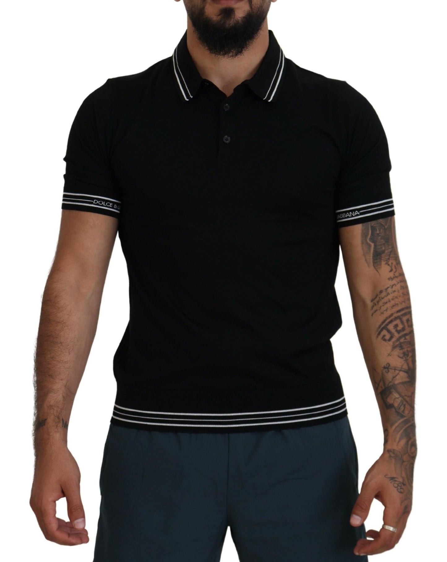 Elegant Black Silk Polo T-Shirt with White Detailing