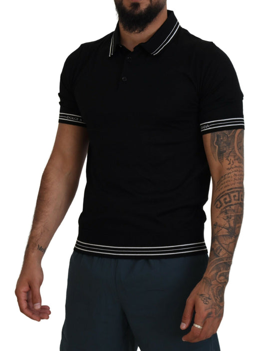 Elegant Black Silk Polo T-Shirt with White Detailing