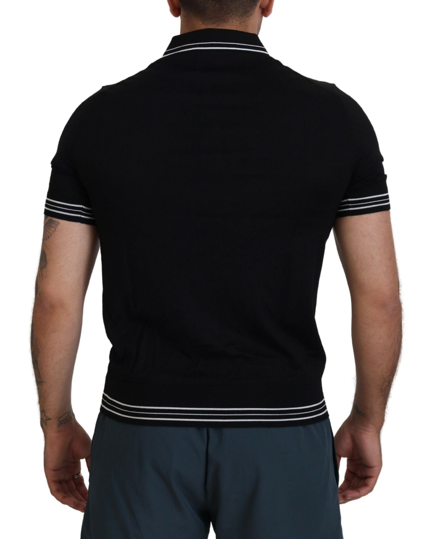 Elegant Black Silk Polo T-Shirt with White Detailing