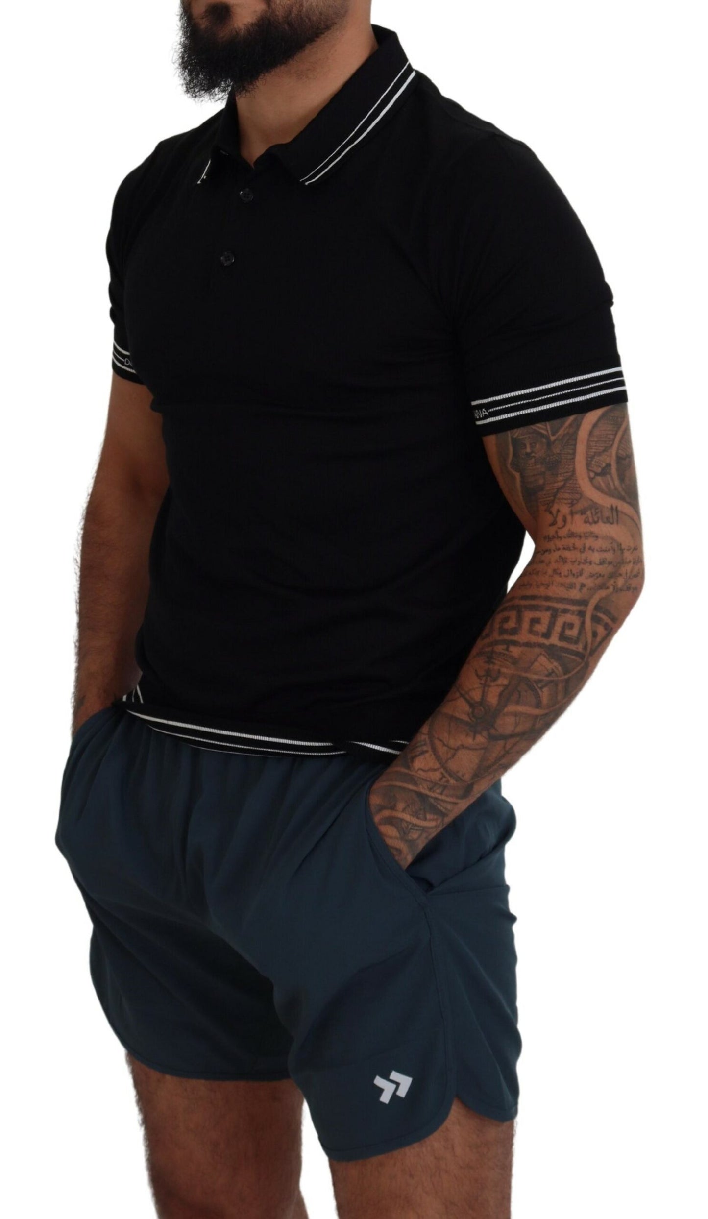 Elegant Black Silk Polo T-Shirt with White Detailing