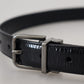Black Leather Silver Tone Metal Buckle Men Belt