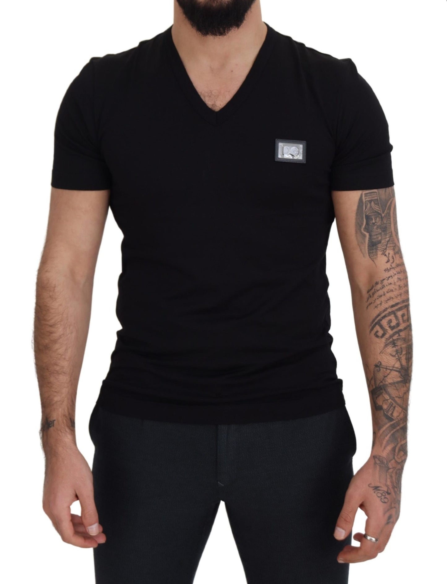 Elegant V-Neck Black Cotton Tee