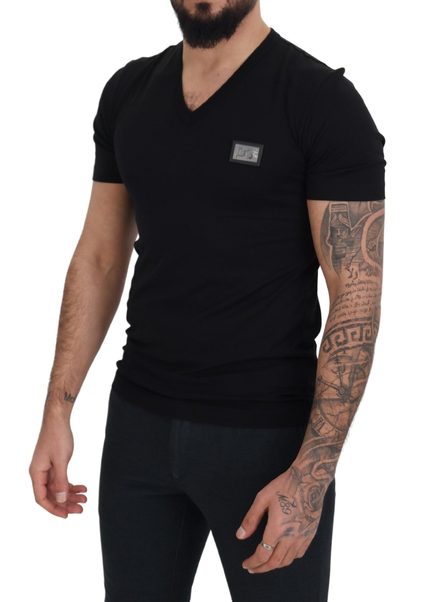 Elegant V-Neck Black Cotton Tee