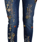 Blue Crystal Pins Slim Fit Denim Cotton Jeans