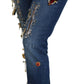 Blue Crystal Pins Slim Fit Denim Cotton Jeans